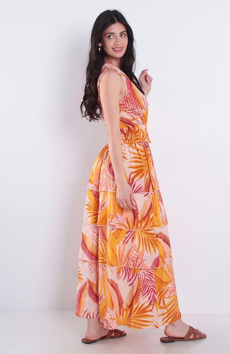 Vestido Estampado Sin Manga Escote V Con Cintura Elasticada-5