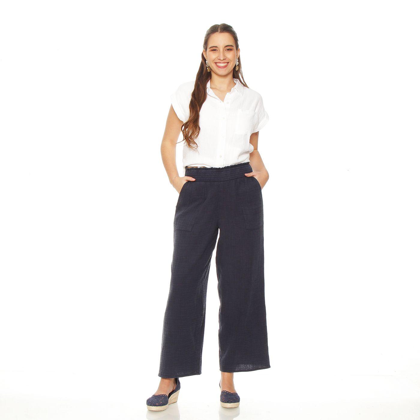 Pantalon Cargo Wide Leg Solido Tiro Altopretina Media  Elasticada-3