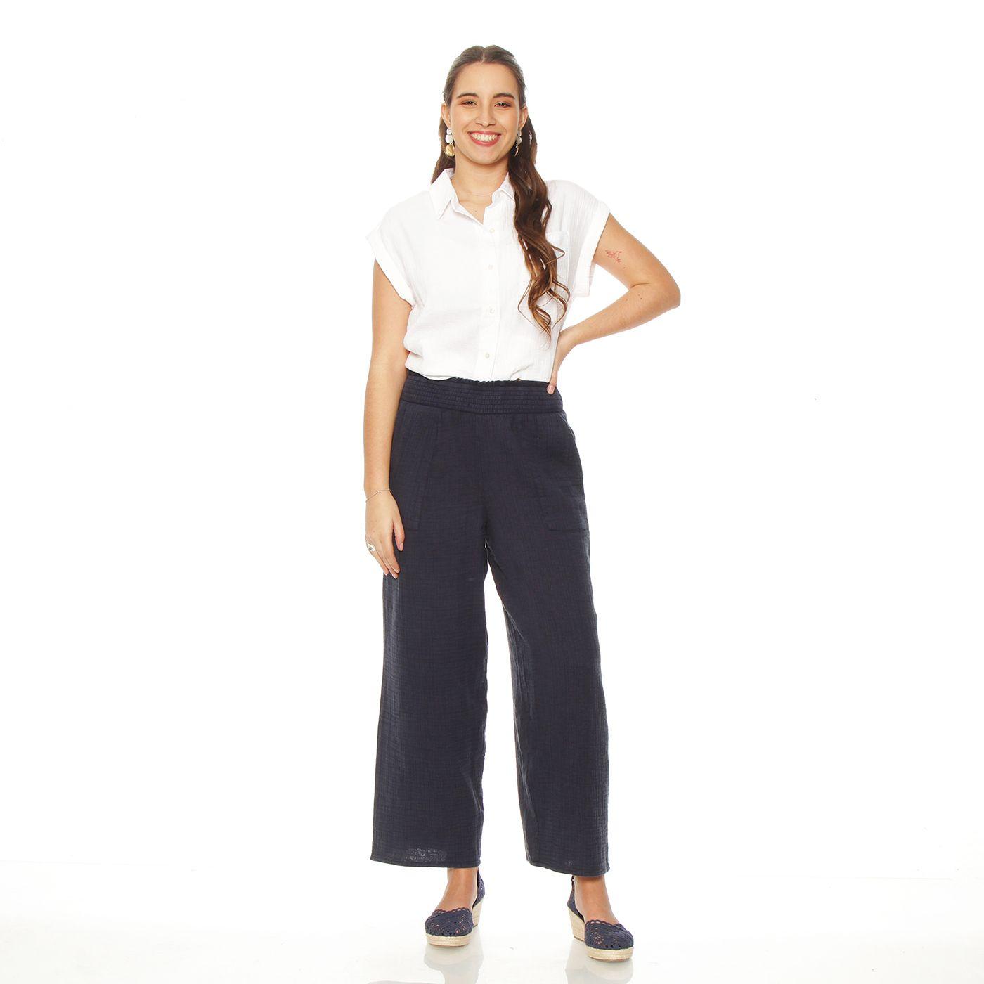 Pantalon Cargo Wide Leg Solido Tiro Altopretina Media  Elasticada-5