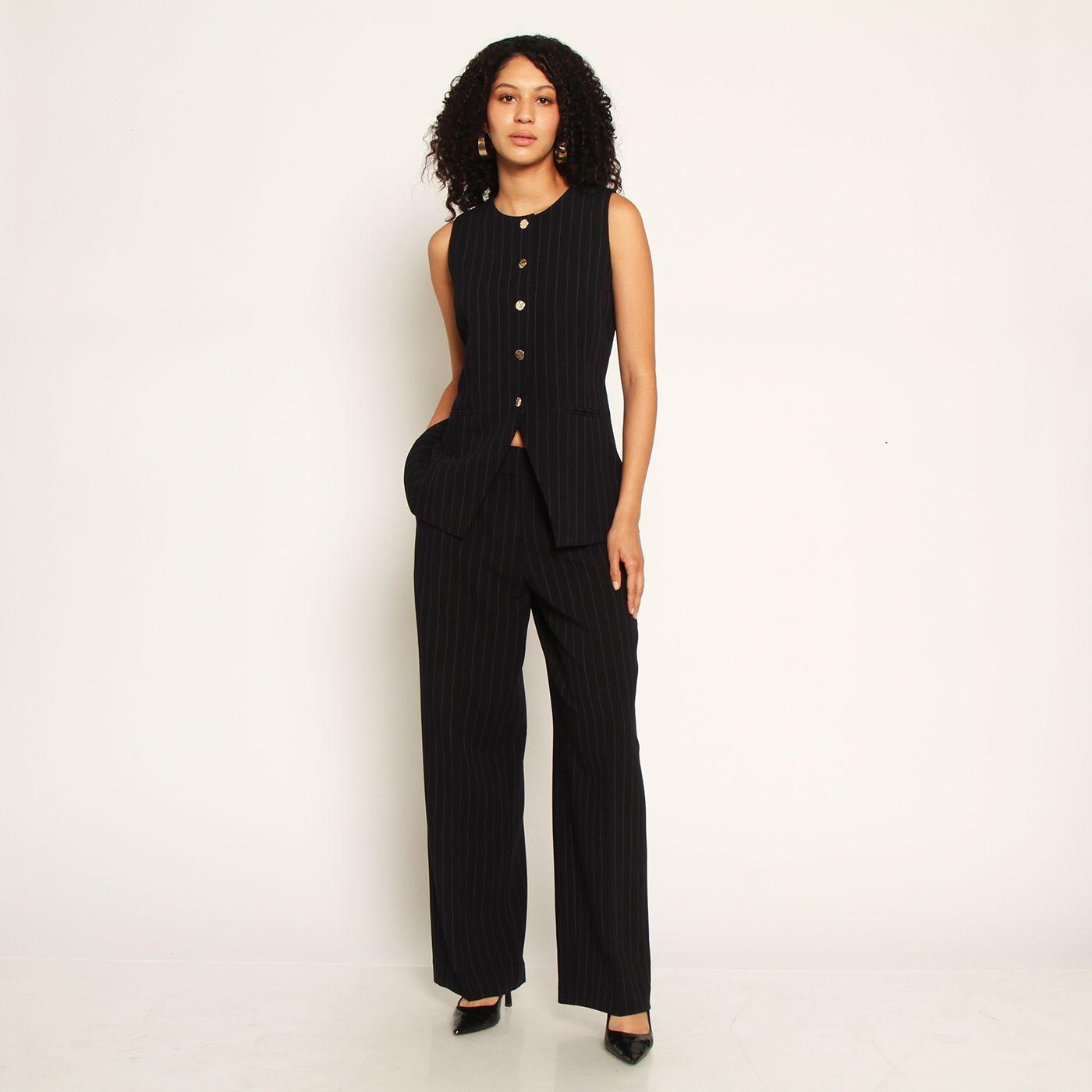 Vest Listado Escote Redondo Abotonado En Delantero-3