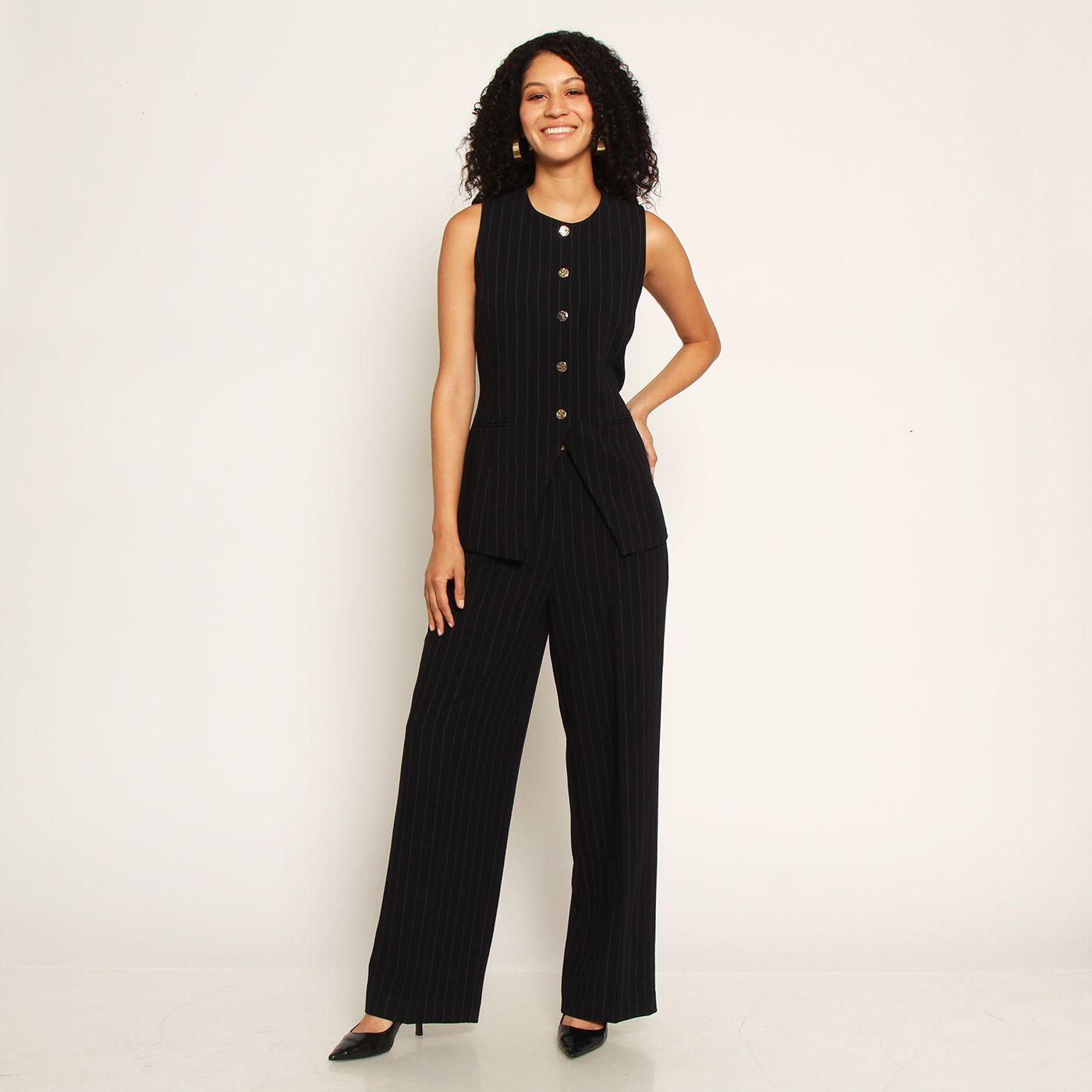 Vest Listado Escote Redondo Abotonado En Delantero-4