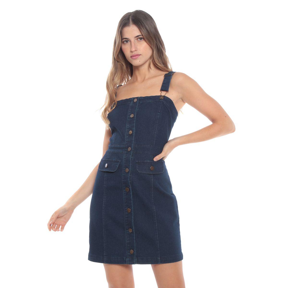 Vestido Denim Sin Manga Tirantes Con Hebilla Abotonado Con Tapetas-0