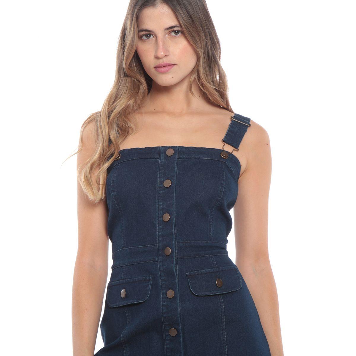 Vestido Denim Sin Manga Tirantes Con Hebilla Abotonado Con Tapetas-3