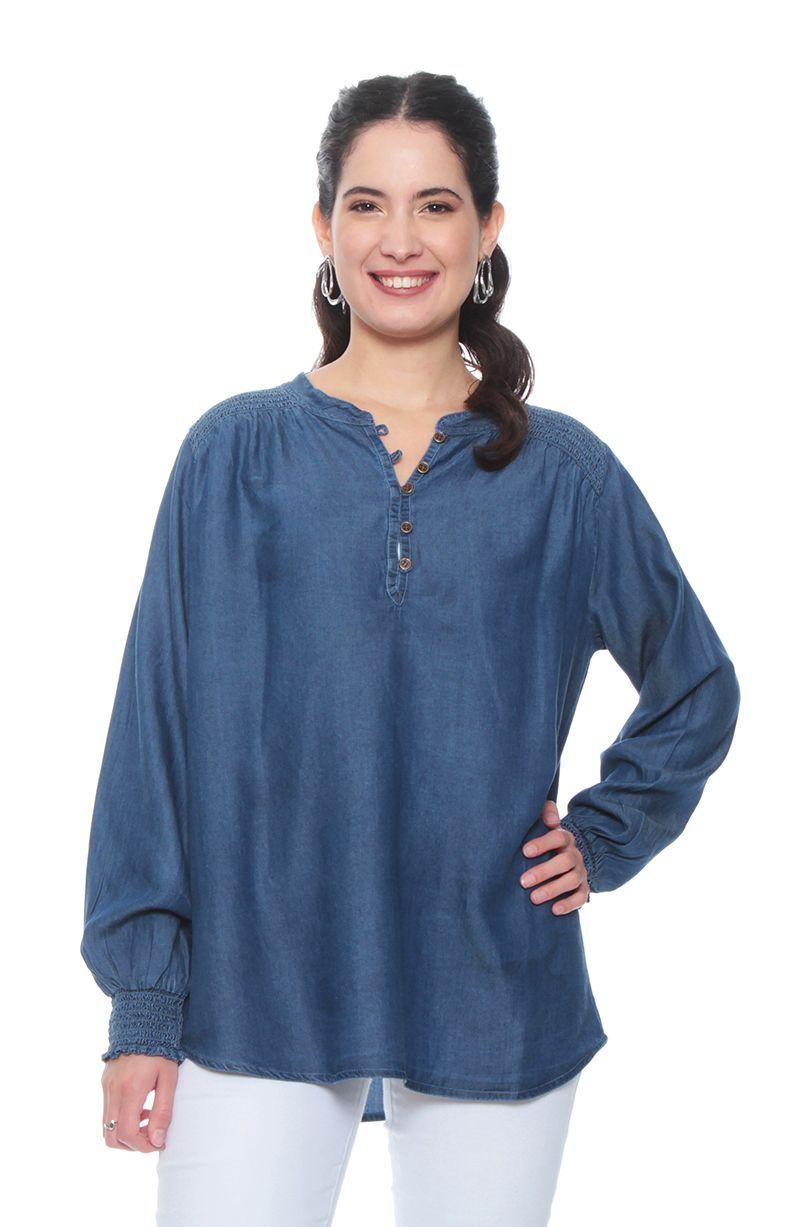 Blusa Manga Larga Tencel Cuello Mao Con Aplicacion En Hombros-0