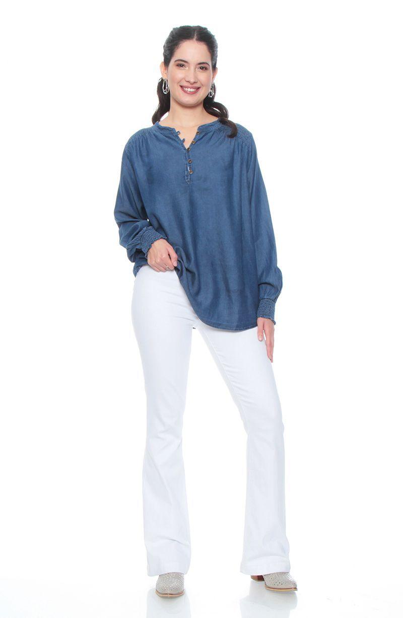 Blusa Manga Larga Tencel Cuello Mao Con Aplicacion En Hombros-1