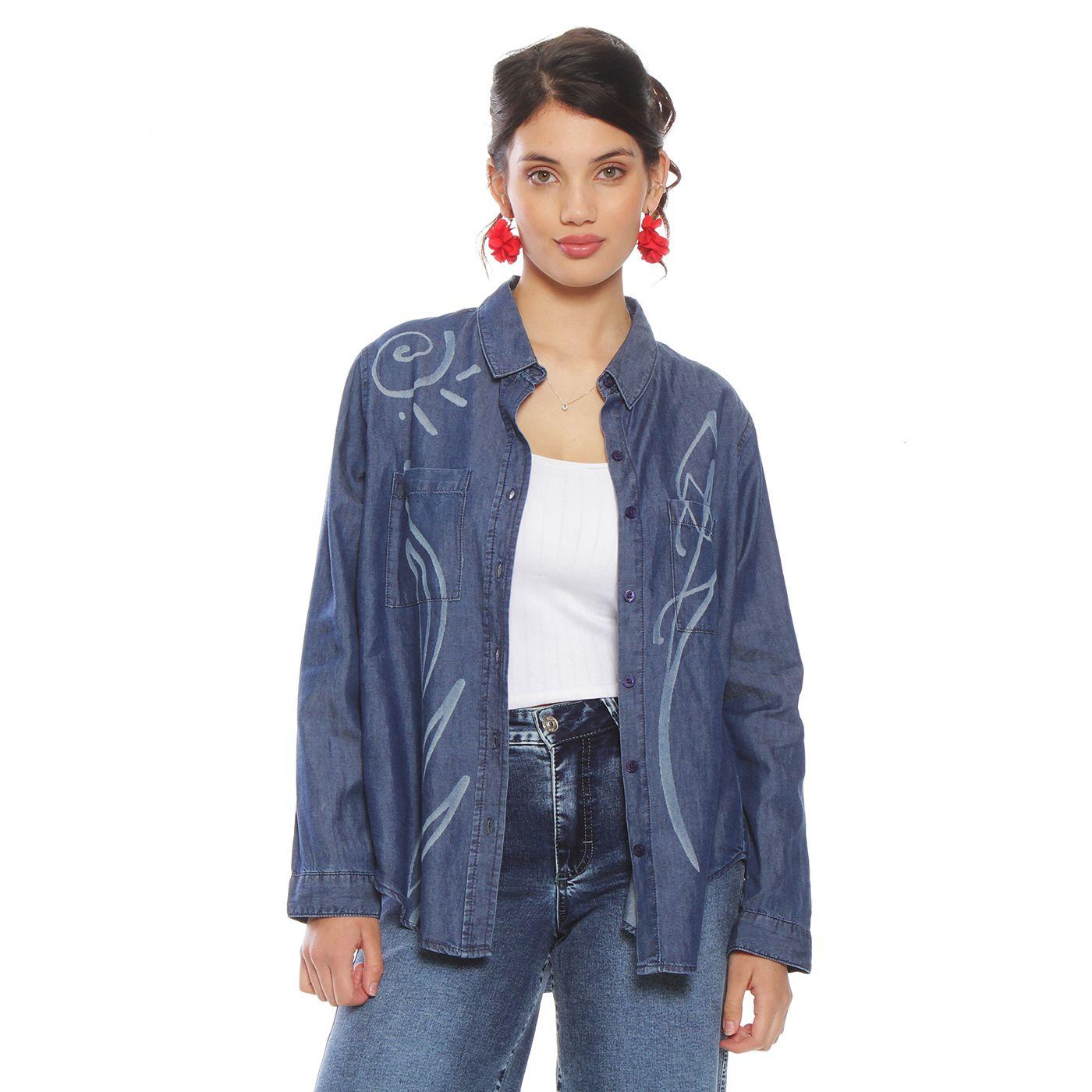 Blusa Denim Cuello Camisero Flor Laser-0