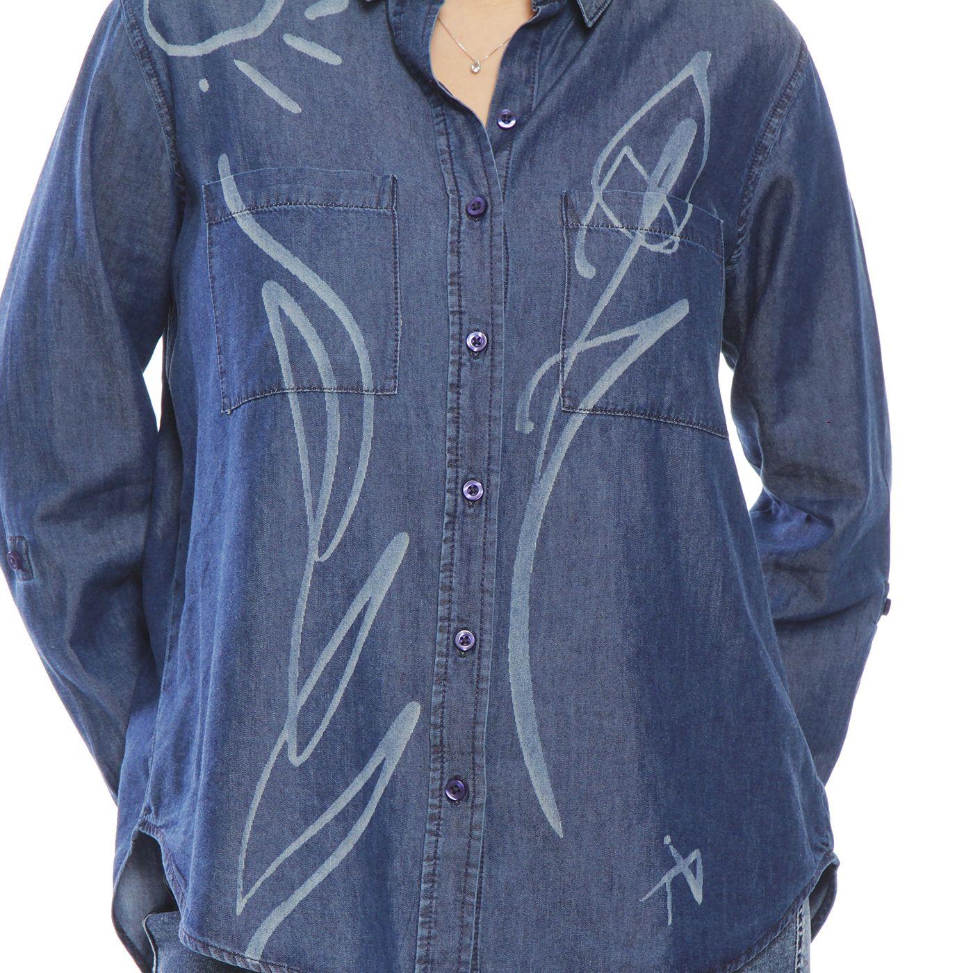 Blusa Denim Cuello Camisero Flor Laser-1