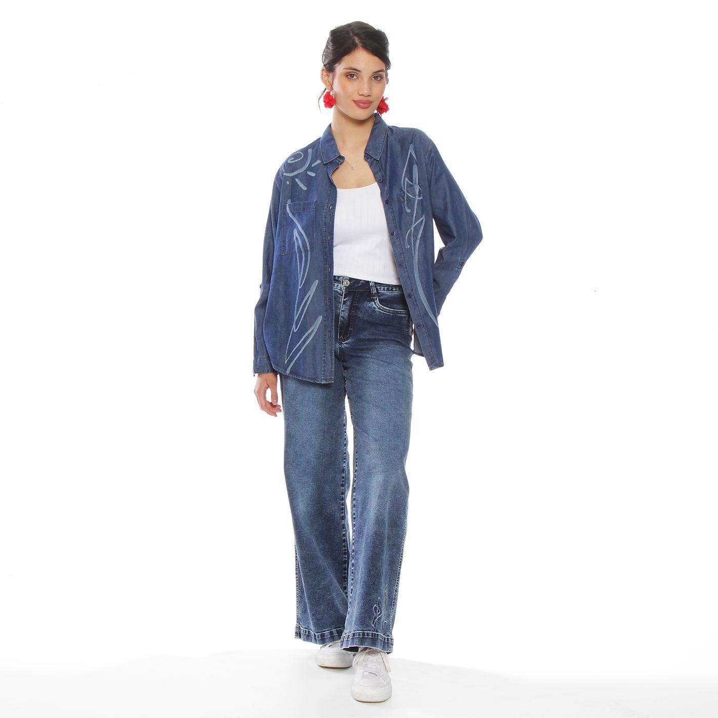 Blusa Denim Cuello Camisero Flor Laser-2