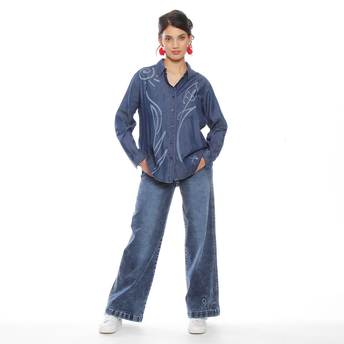 Blusa Denim Cuello Camisero Flor Laser-3