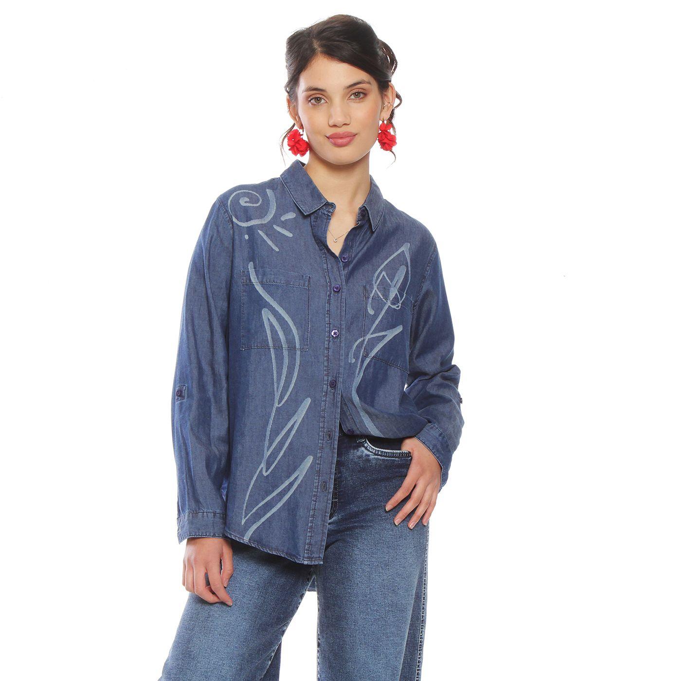 Blusa Denim Cuello Camisero Flor Laser-4