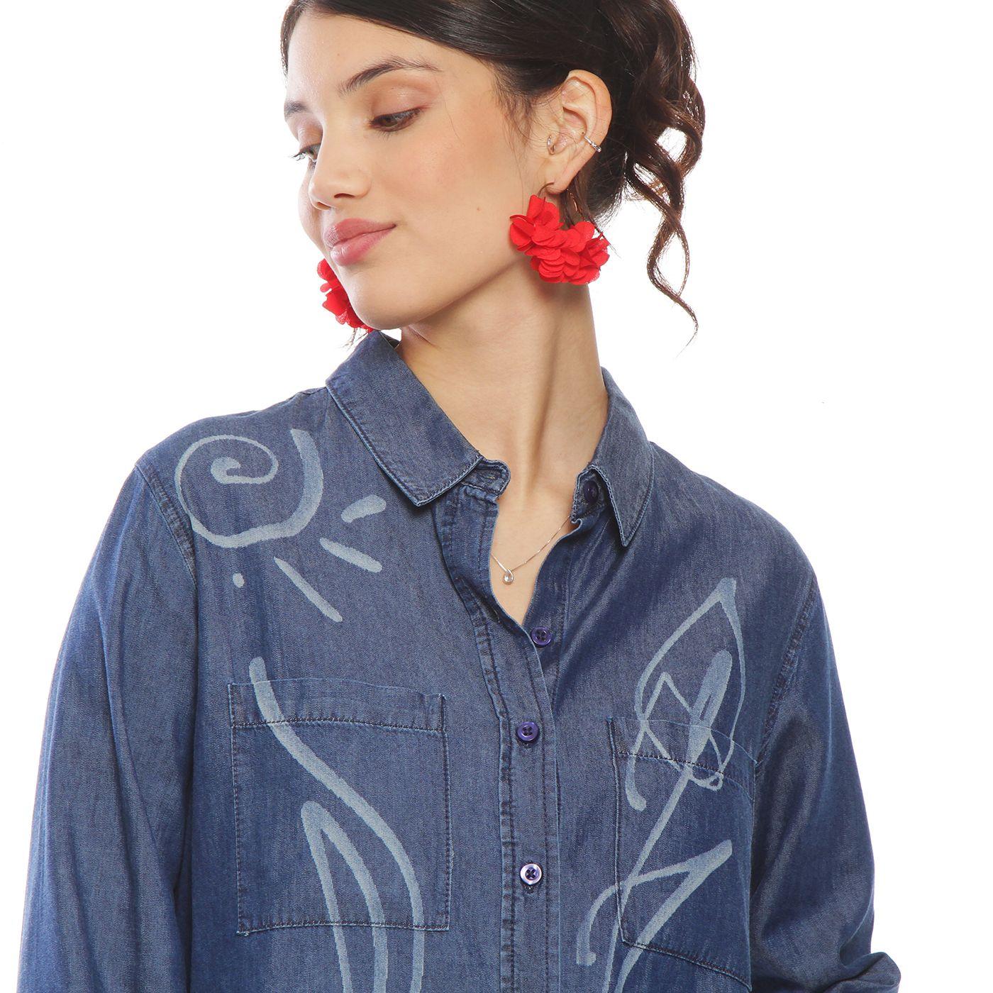 Blusa Denim Cuello Camisero Flor Laser-5