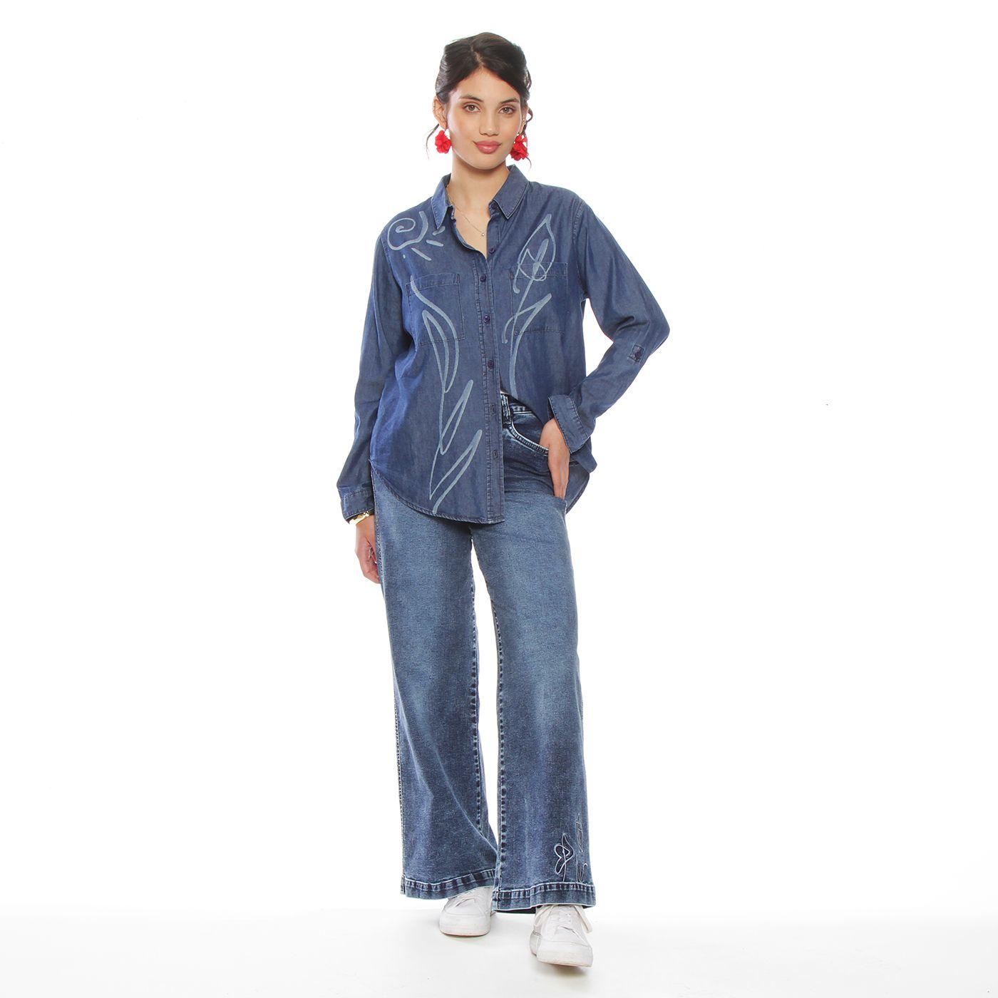 Blusa Denim Cuello Camisero Flor Laser-7