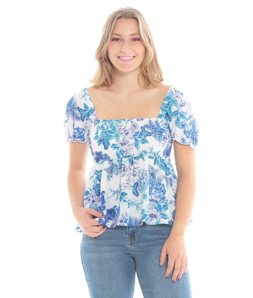 Blusa Manga Corta Con Elastico Estampada Escote Cuadrado Elasticado-0