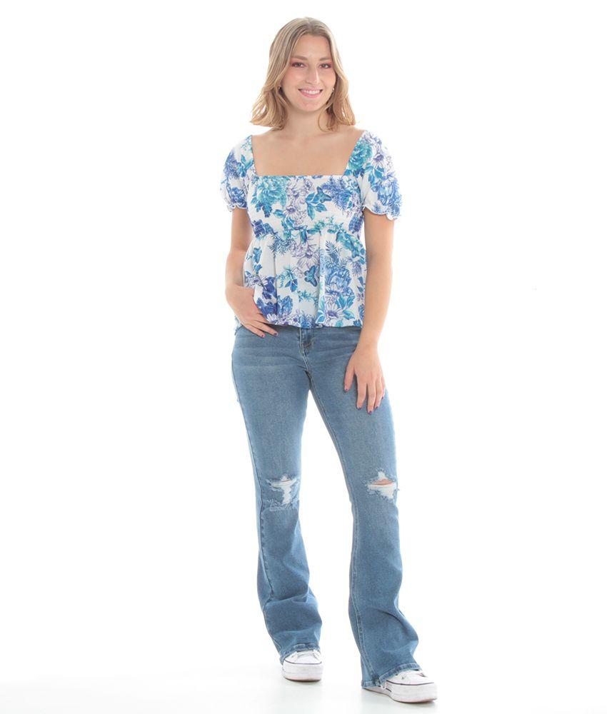 Blusa Manga Corta Con Elastico Estampada Escote Cuadrado Elasticado-2