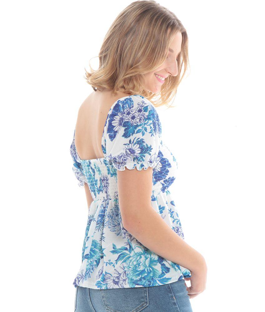 Blusa Manga Corta Con Elastico Estampada Escote Cuadrado Elasticado-4