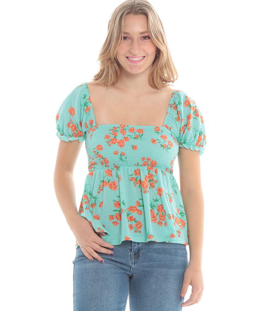 Blusa Manga Corta Con Elastico Estampada Escote Cuadrado Elasticado-0