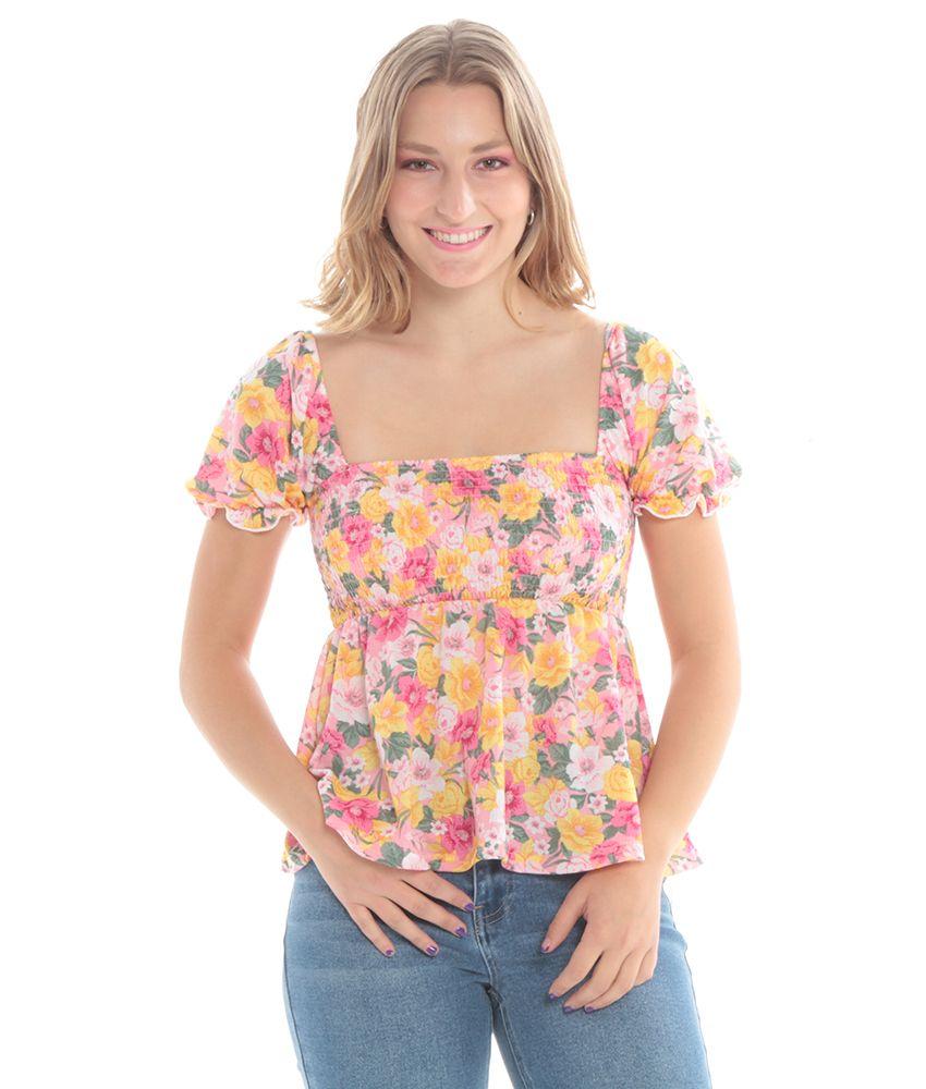 Blusa Manga Corta Con Elastico Estampada Escote Cuadrado Elasticado-0