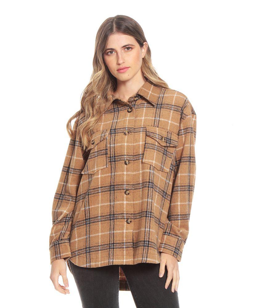 Shacket Manga Larga Escoces Cuello Camisero Bolsillos Parches-0