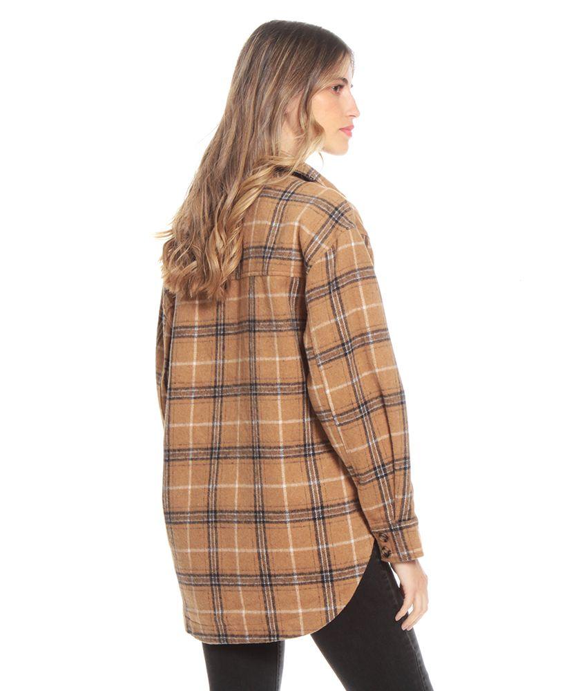 Shacket Manga Larga Escoces Cuello Camisero Bolsillos Parches-1