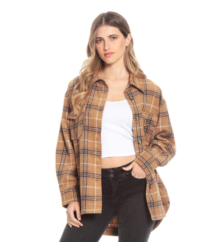 Shacket Manga Larga Escoces Cuello Camisero Bolsillos Parches-3