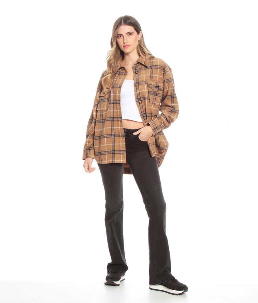 Shacket Manga Larga Escoces Cuello Camisero Bolsillos Parches-4