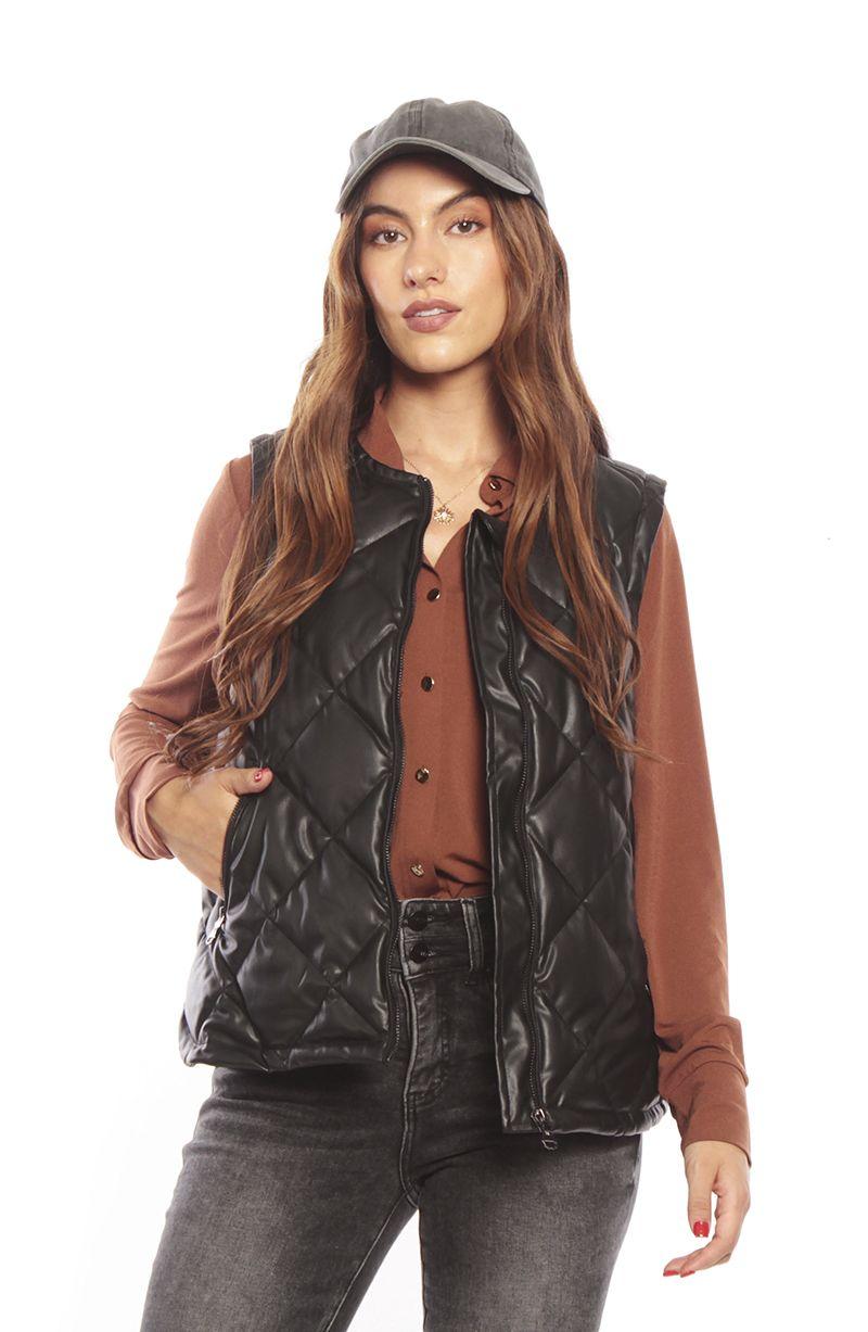 Parka Sin Manga Cuero Ecologico Con Cierre En Delantero Y En Bolsillos-2