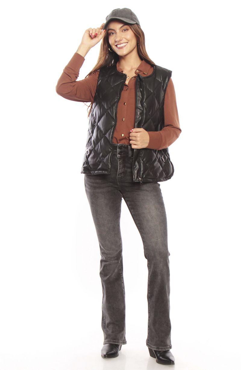 Parka Sin Manga Cuero Ecologico Con Cierre En Delantero Y En Bolsillos-3