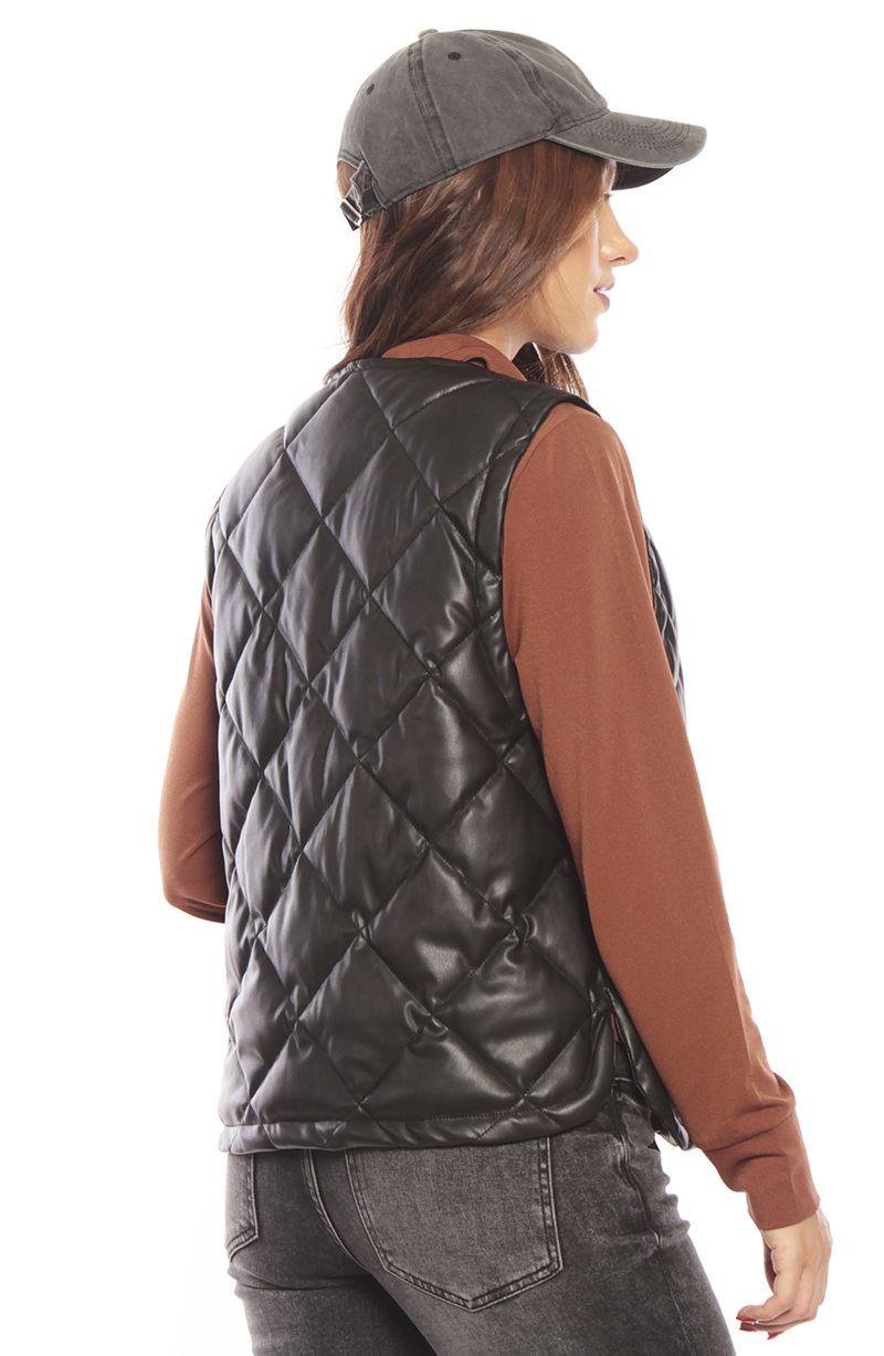 Parka Sin Manga Cuero Ecologico Con Cierre En Delantero Y En Bolsillos-4