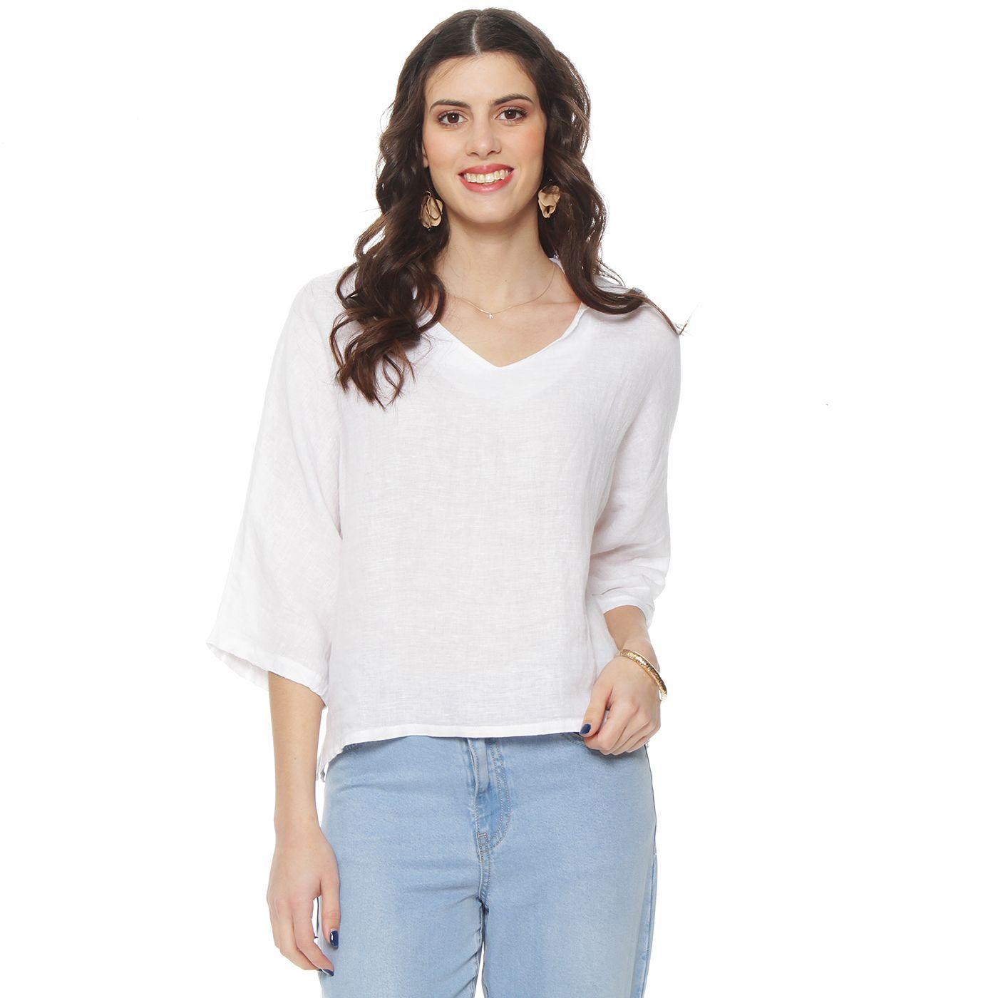 Blusa Manga 3/4 Lino Escote V Con Cuello-2