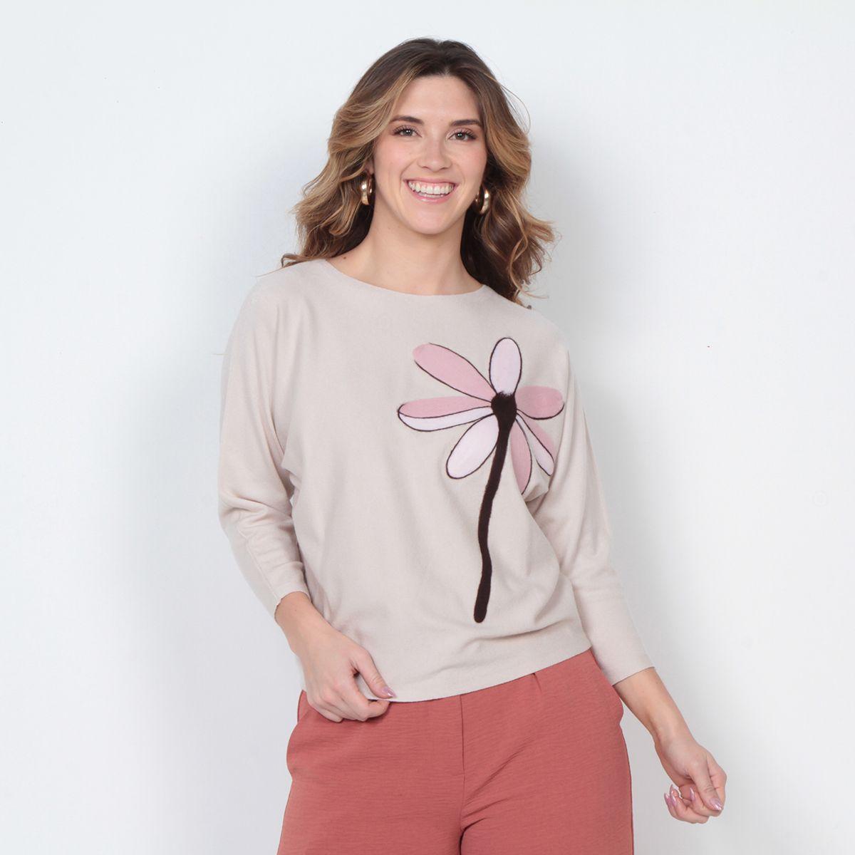 Sweater Manga 3/4 Con Sublimado Flor En Delantero Y Escote Redondo-0