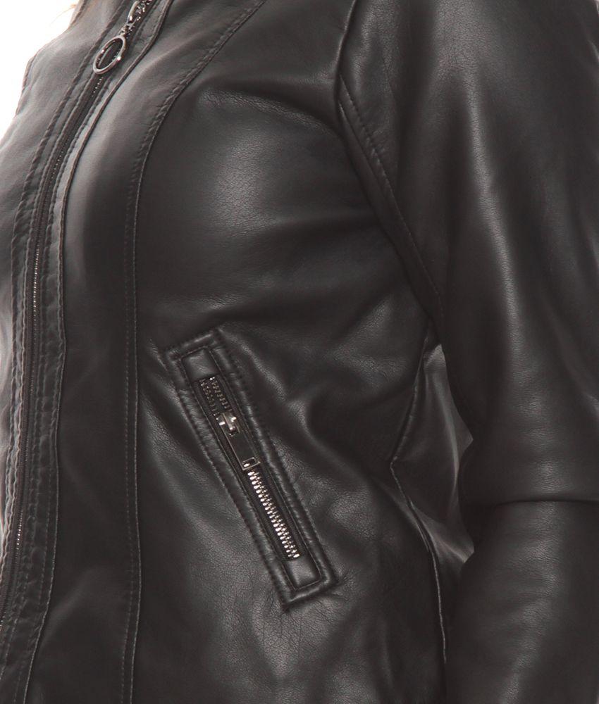 Chaqueta Manga Larga Cuero Ecologico Cuello Mao Y Bolsillos Con Cierre-3