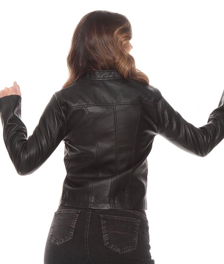 Chaqueta Manga Larga Cuero Ecologico Cuello Mao Y Bolsillos Con Cierre-1