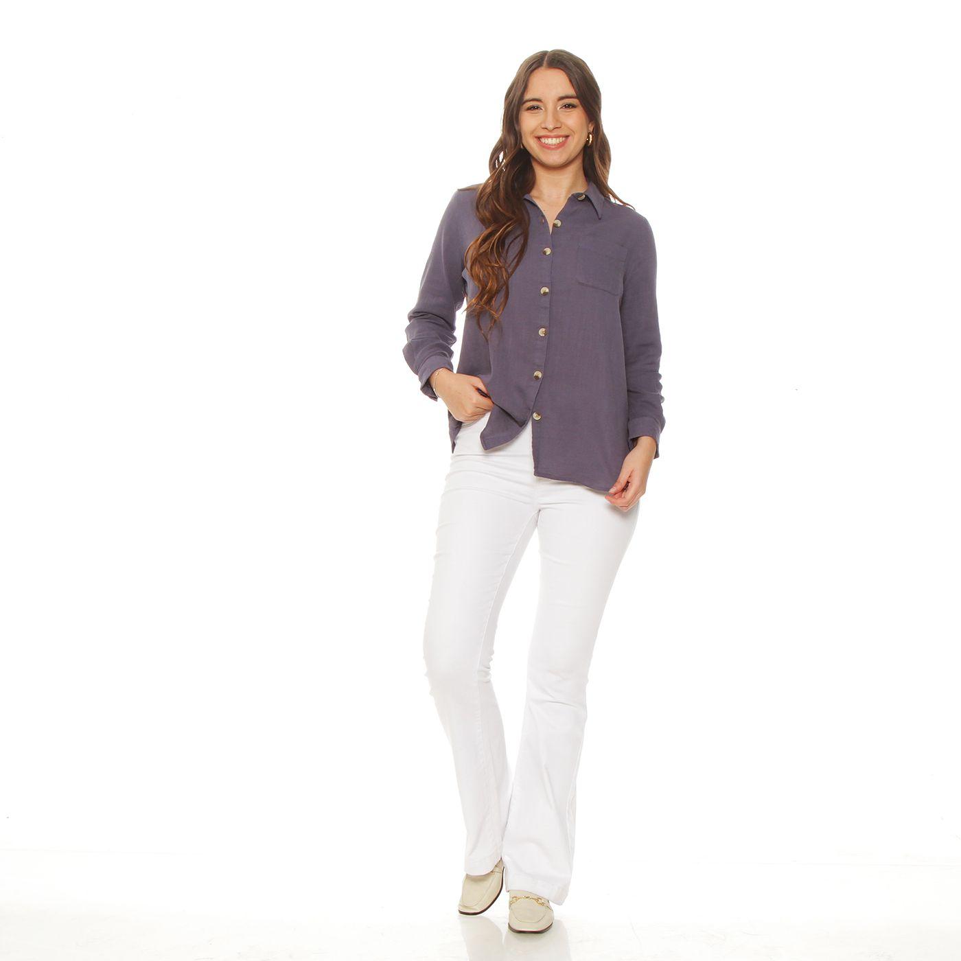 Blusa Manga Larga Solida Abotonada En El Delantero Con Bolsillo-3