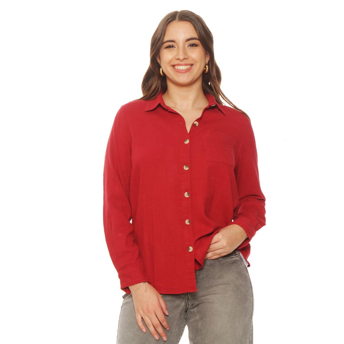 Blusa Manga Larga Solida Abotonada En El Delantero Con Bolsillo-0