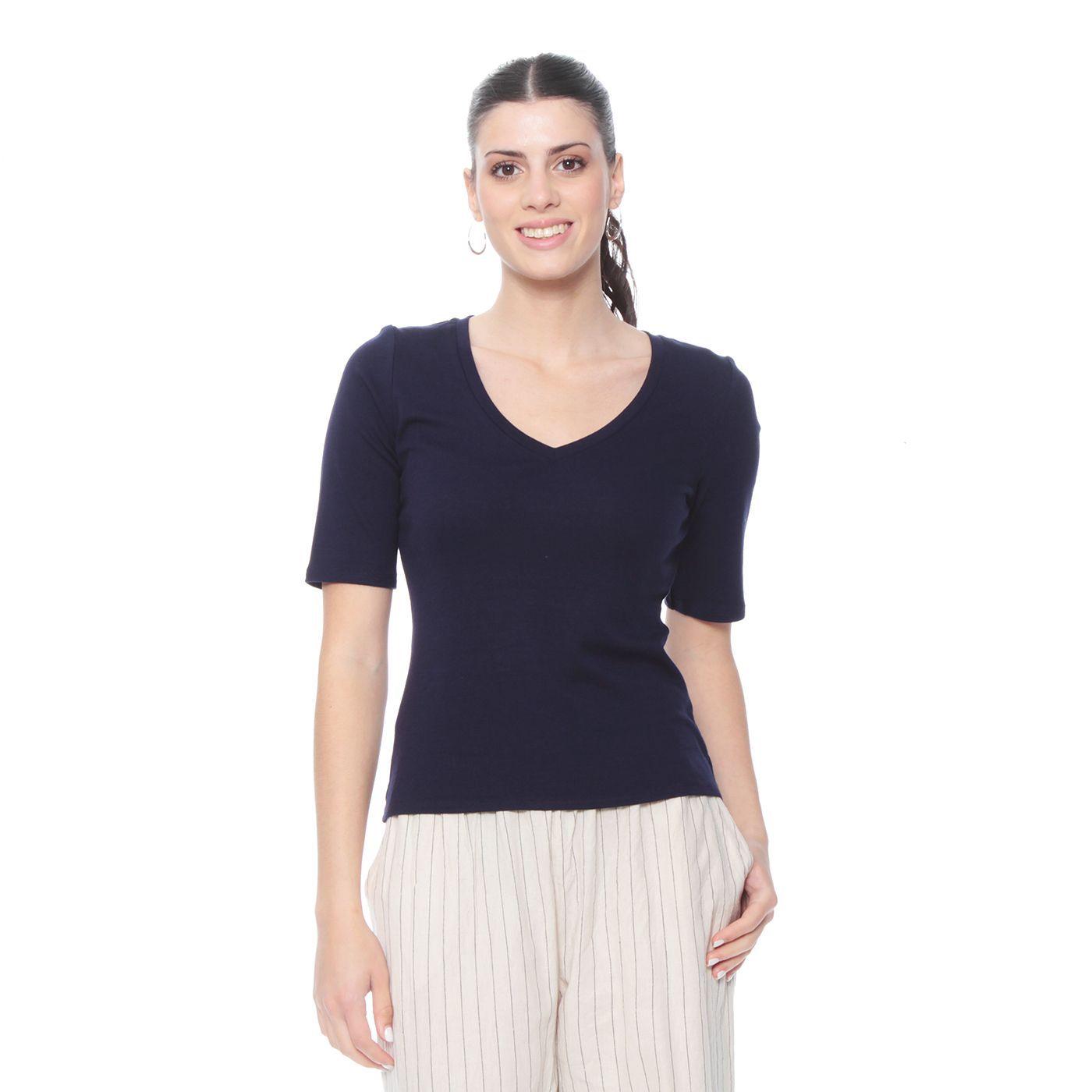 Polera Manga  Corta Solida Escote V-0