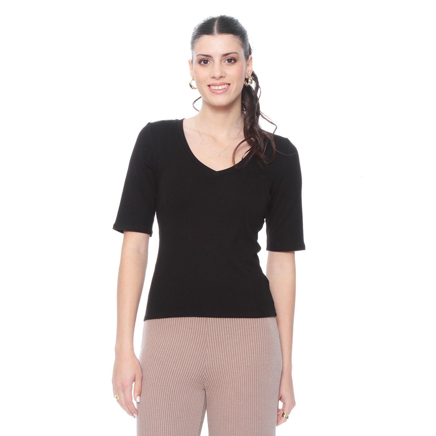 Polera Manga  Corta Solida Escote V-0