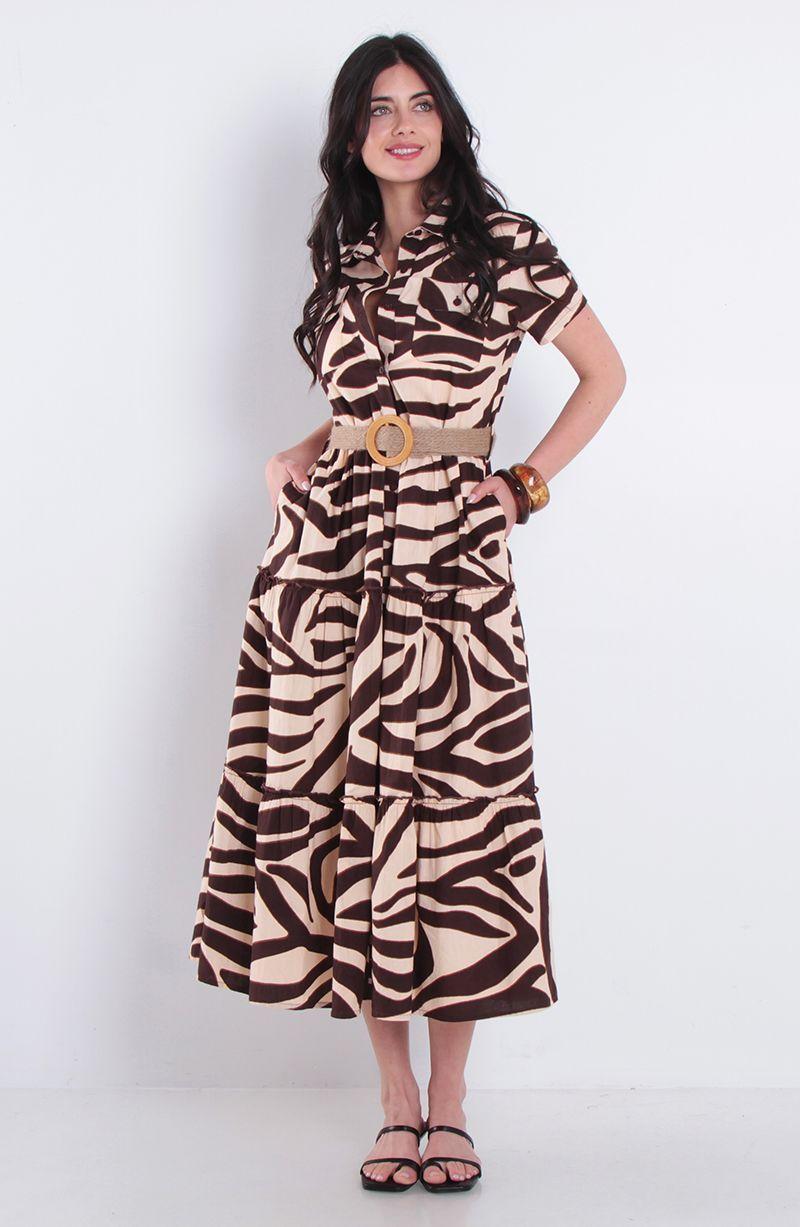 Vestido Estampado Manga Corta Con Cinturon Y Bolsillos-0