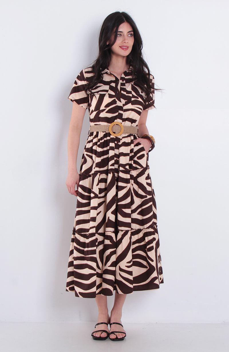 Vestido Estampado Manga Corta Con Cinturon Y Bolsillos-4