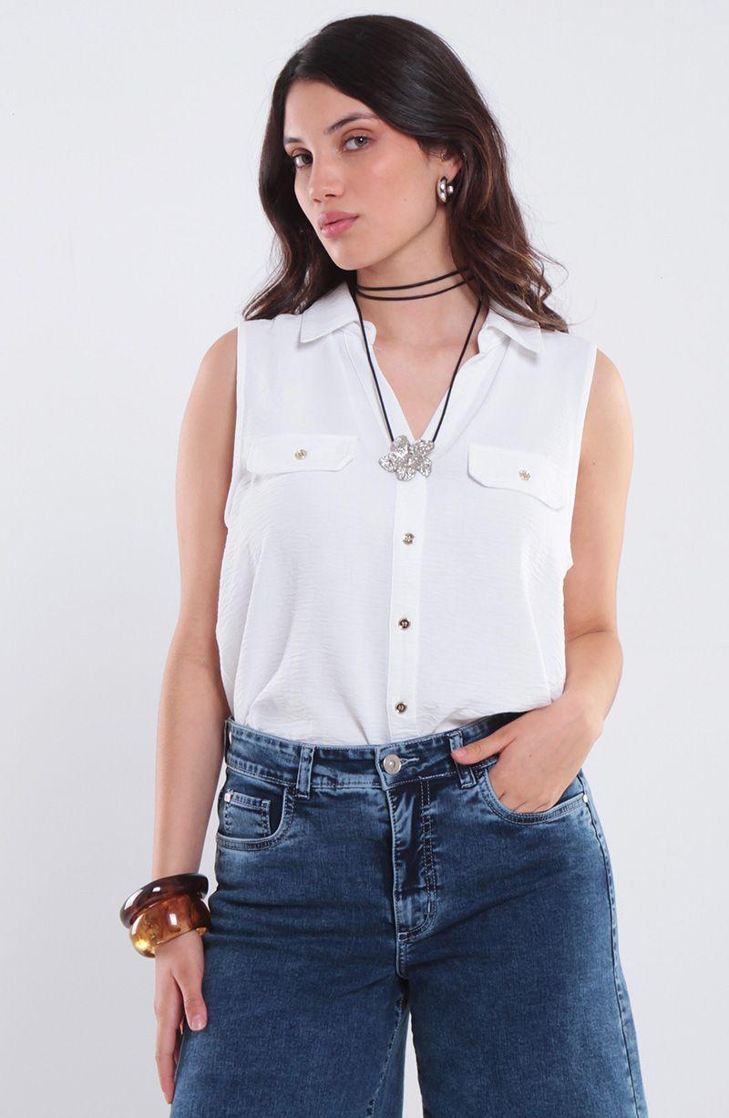 Blusa Sin Manga Abotonada En Delantero Escote V-0