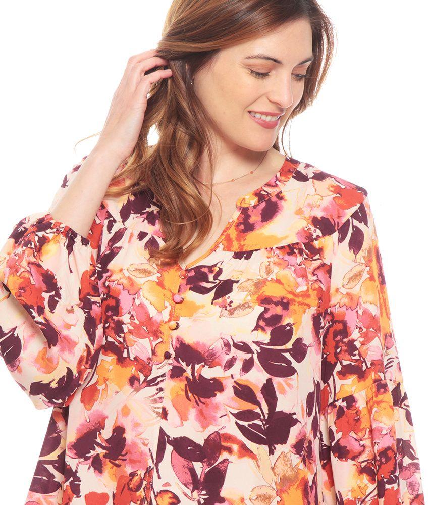 Blusa Manga Larga Con Elastico Estampada Escote V Cuello Mao-2