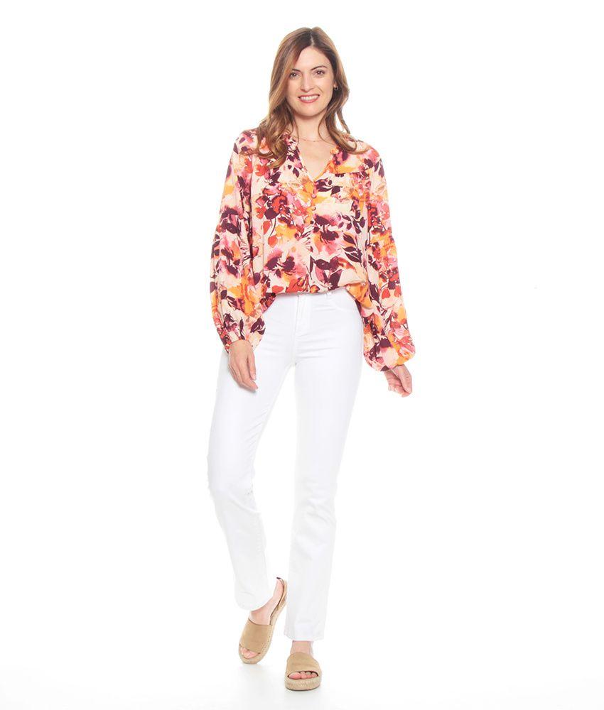 Blusa Manga Larga Con Elastico Estampada Escote V Cuello Mao-3