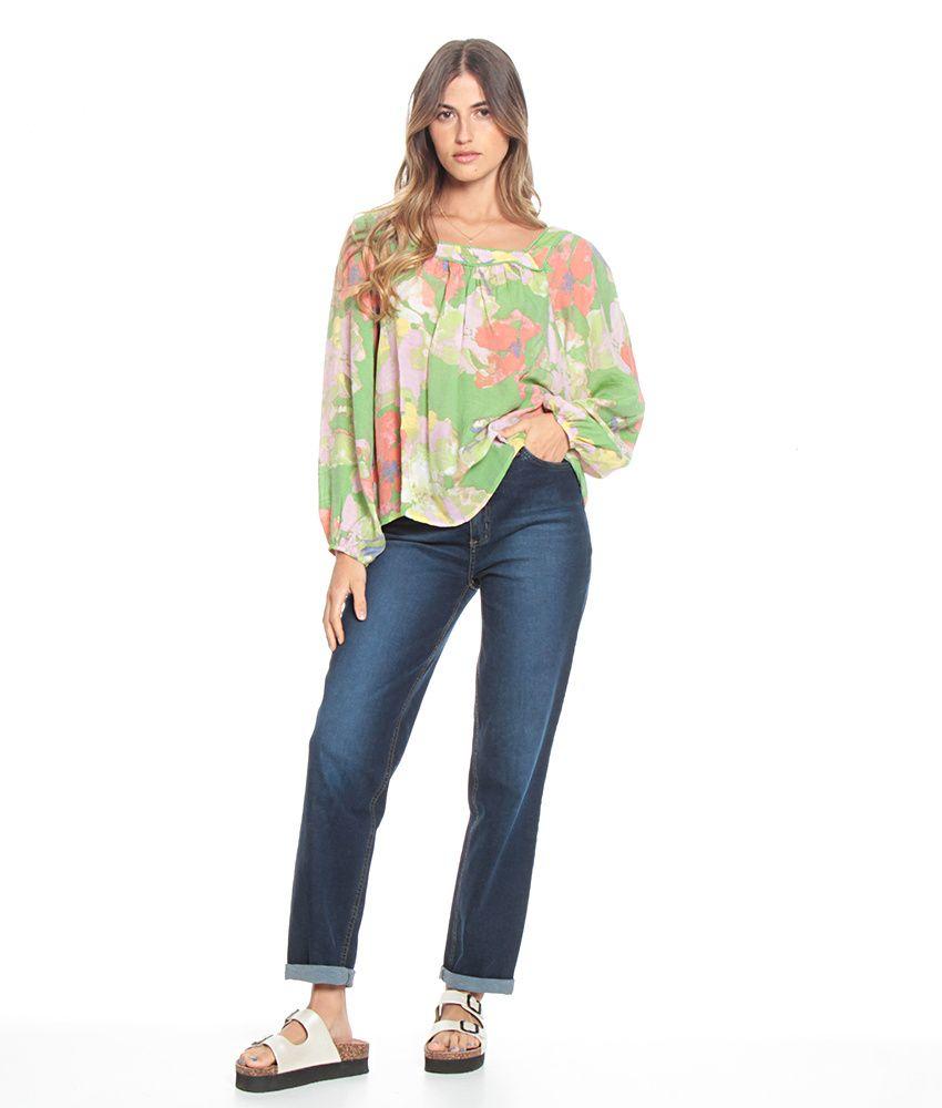 Blusa Manga Larga Estampada Escote Cuadrado Con Detalle-4