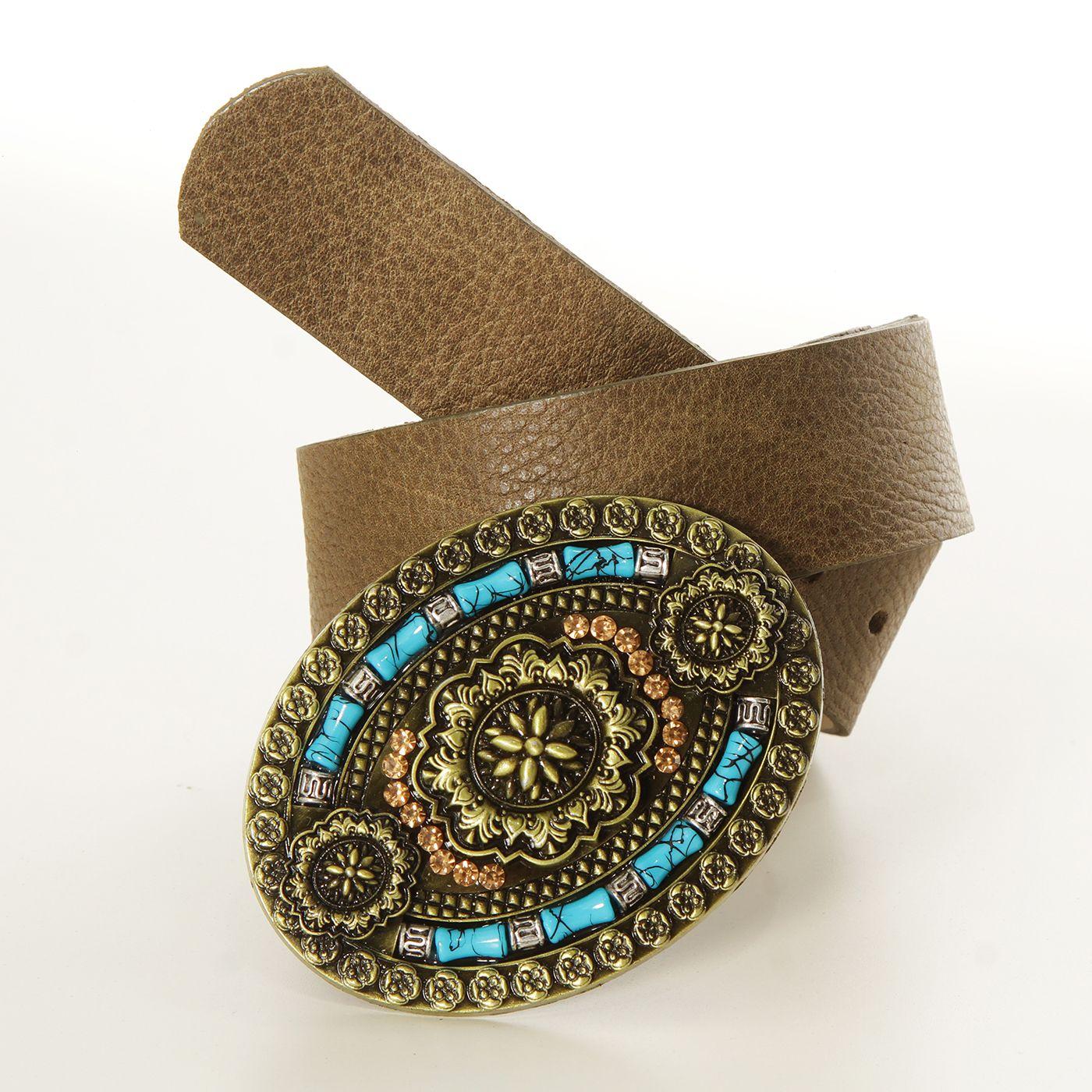 Cinturon Cuero Hebilla Ovalada  Piedars De Colores-2