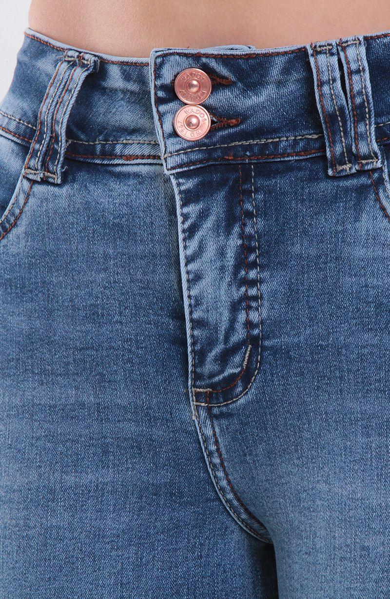 Jeans Flare Tiro Alto Push Up Pretina Media Dos Botones-2