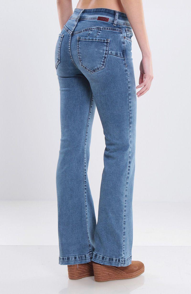 Jeans Flare Tiro Alto Push Up Pretina Media Dos Botones-9