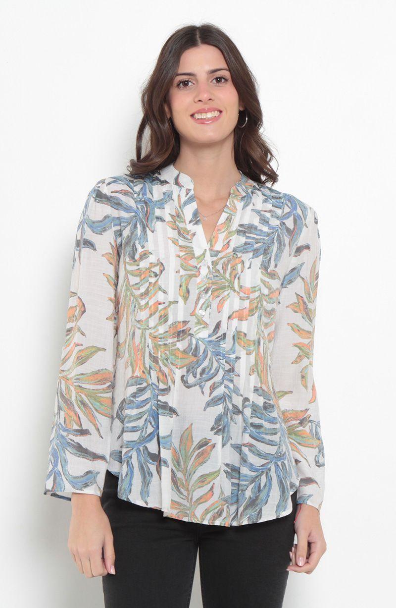 Blusa Manga Larga Estampada Escote V  Abotonada En Delantero-0