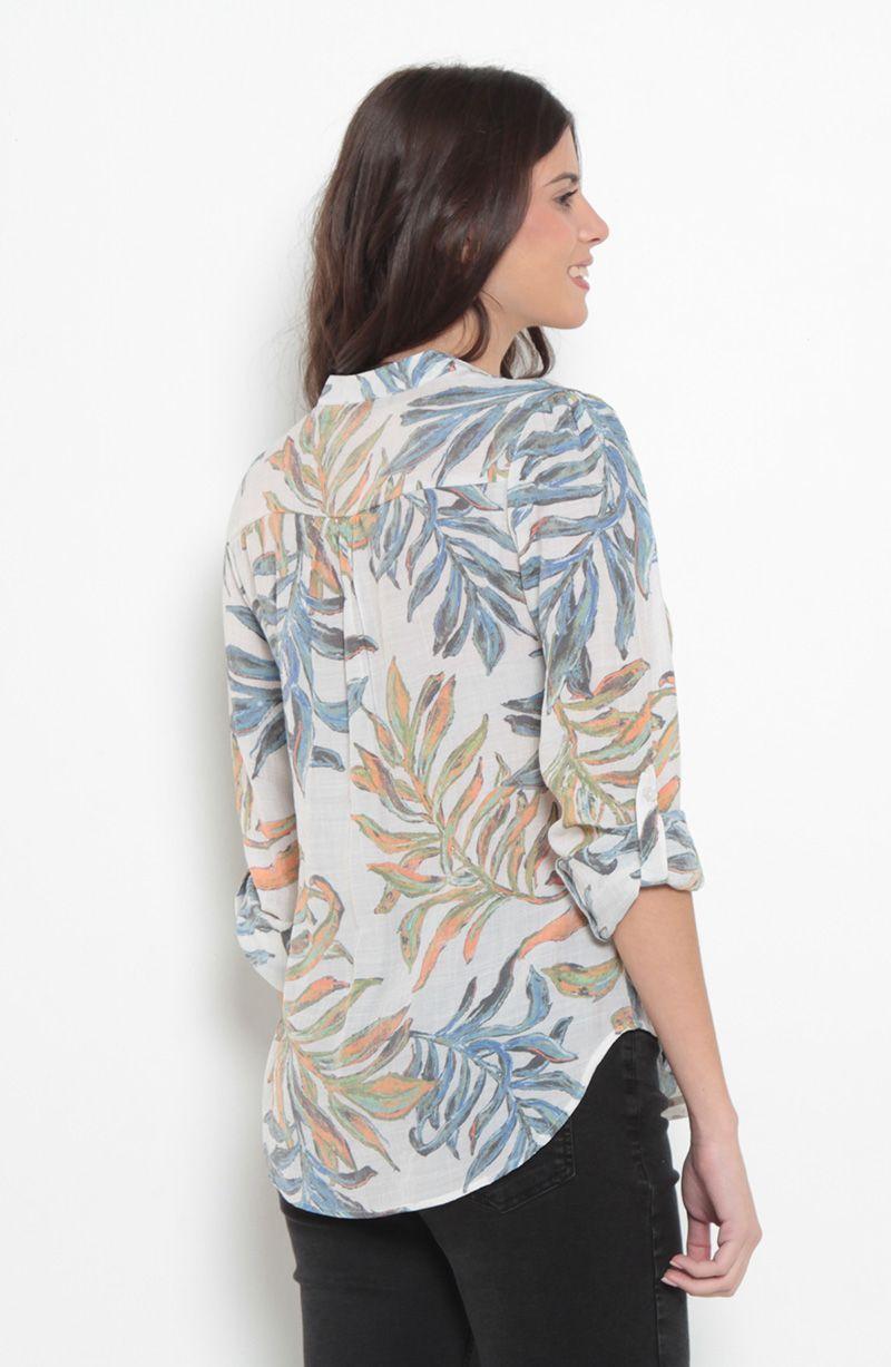 Blusa Manga Larga Estampada Escote V  Abotonada En Delantero-3