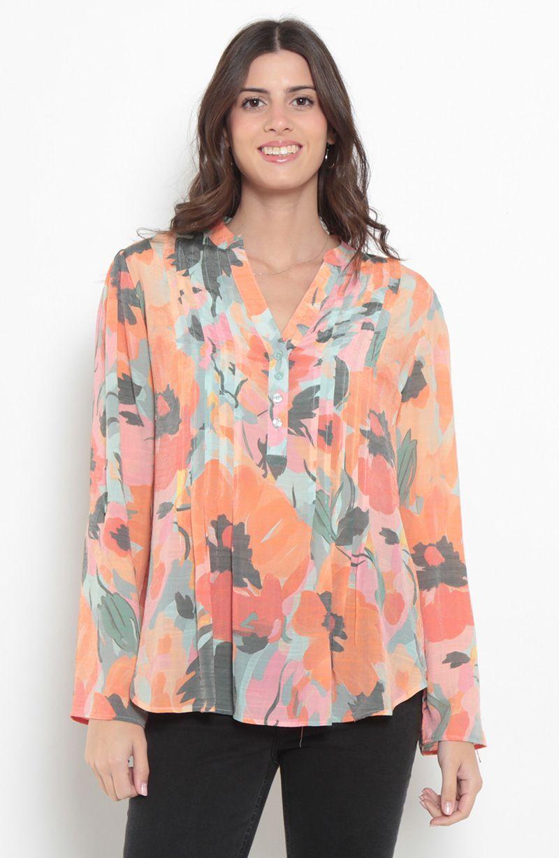 Blusa Manga Larga Estampada Escote V  Abotonada En Delantero-0
