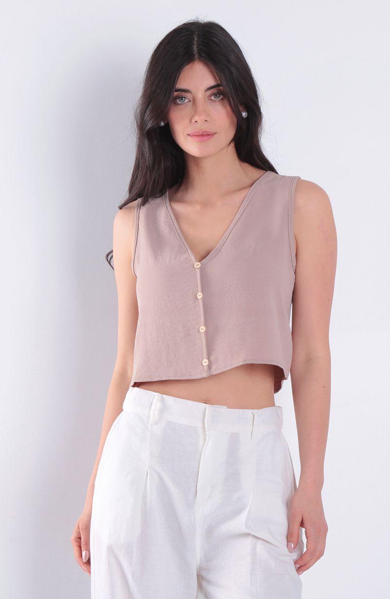 Blusa Sin Manga Abotonada En Delantero Escote V-0
