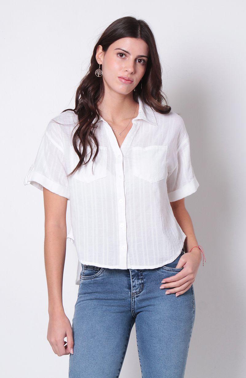 Blusa Manga Corta  Abotonada En Delantero Con Bolsillo-0